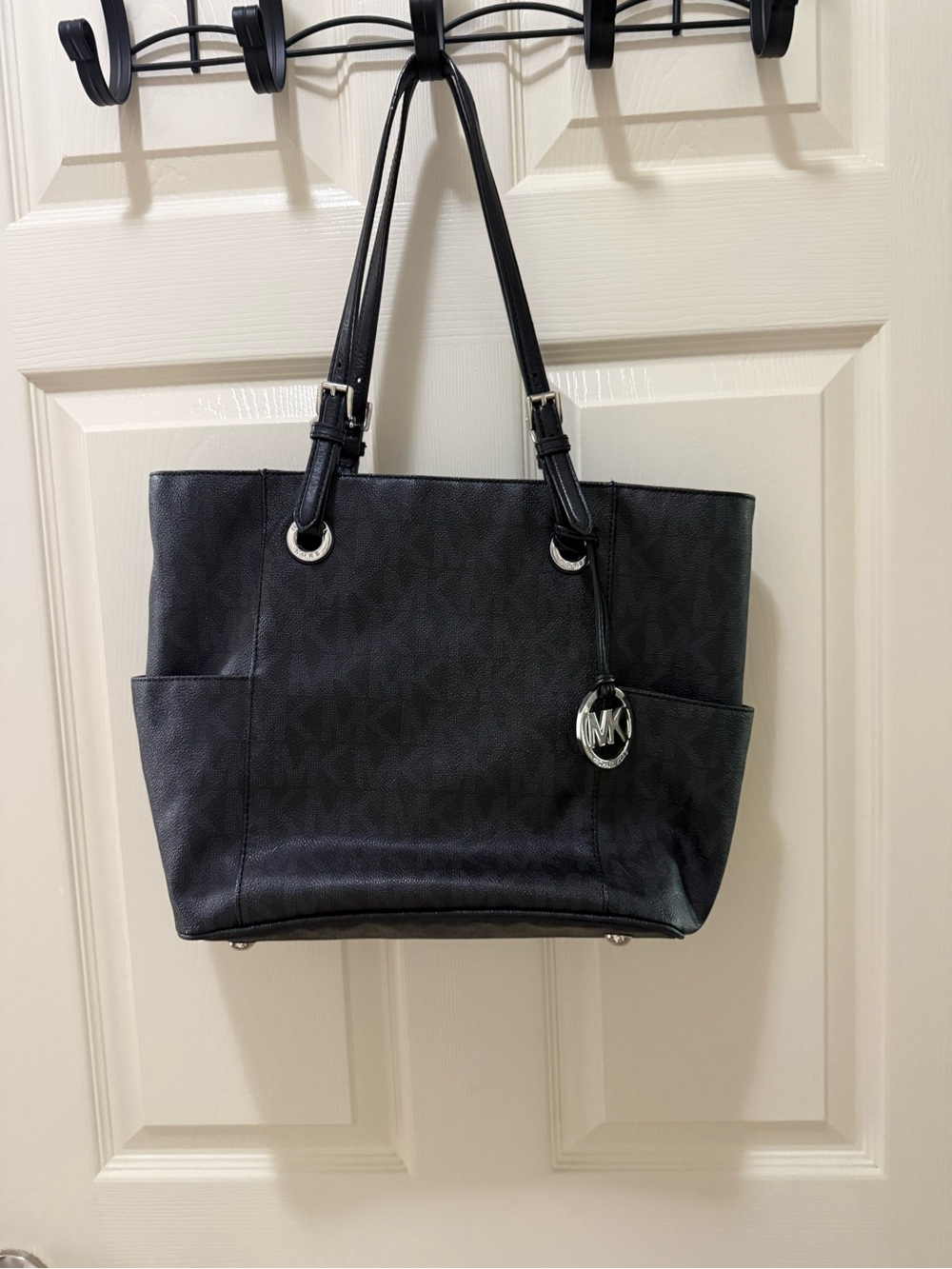 Michael Kors Black MK Logo Tote with Silver Charm
